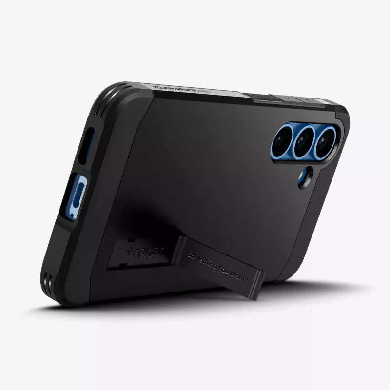 Spigen Galaxy S25 kotelo Tough Armor AI musta suojakotelo pöytätelineellä