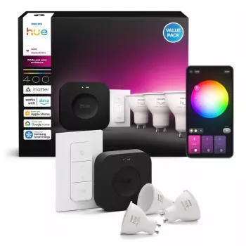 Philips Hue White and Colour Ambience aloituspaketti: 3 GU10-lamppua + himmenninkytkin + Bridge Pro