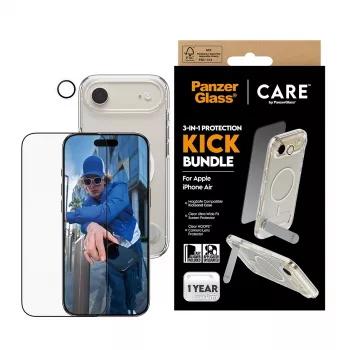 Suojapakkaus PanzerGlass CARE 3-in-1 Feature Kick iPhone Air — karkaistu lasi, PET, silikoni, läpinäkyvä