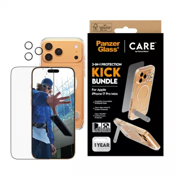 Näytönsuoja- ja kotelopakkaus PanzerGlass CARE 3-in-1 Feature Kick iPhone 17 Pro Max — karkaistu lasi, PET, silikoni, läpinäkyvä