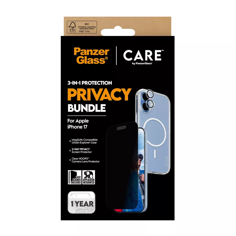 Suojakotelo PanzerGlass Case CARE iPhone 17 näytönsuojalla, 3-in-1-toiminnallisuus