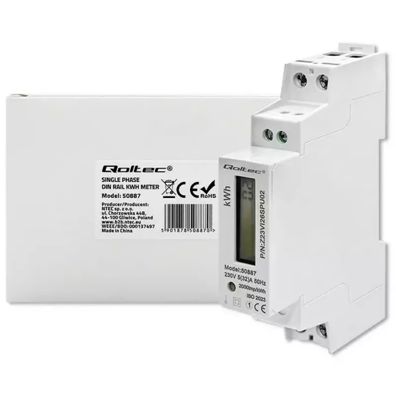 Yksivaiheinen energiamittari QOLTEC 50887 1-vaiheinen 230V LCD ohut