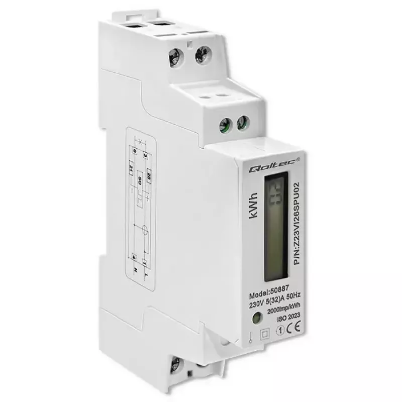 Yksivaiheinen energiamittari QOLTEC 50887 1-vaiheinen 230V LCD ohut