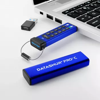 iStorage datAshur PRO+C 128GB | FIPS 140-3 Level 3 -sertifioitu | turvallinen USB Type-C -asema | AES-XTS 256-bittinen laitteistosalaus | PIN-suojattu | Type-C-Type-A-sovitin sisältyy