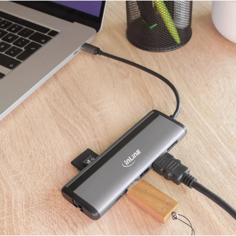 InLine 8-in-1 USB-C-monikeskitin, HDMI, DP, USB 3.2, PD 3.0 100W, MST