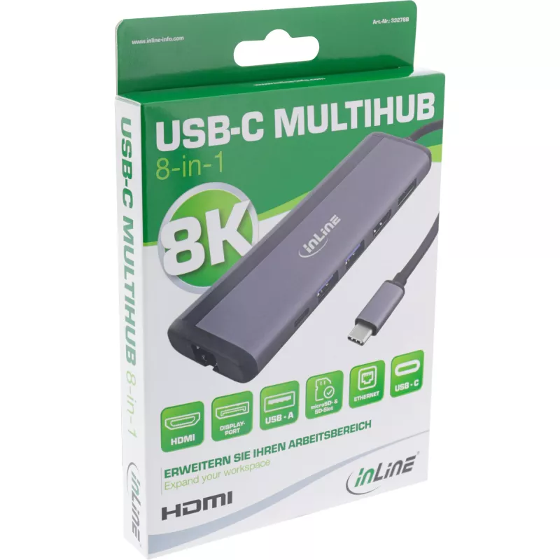 InLine 8-in-1 USB-C-monikeskitin, HDMI, DP, USB 3.2, PD 3.0 100W, MST