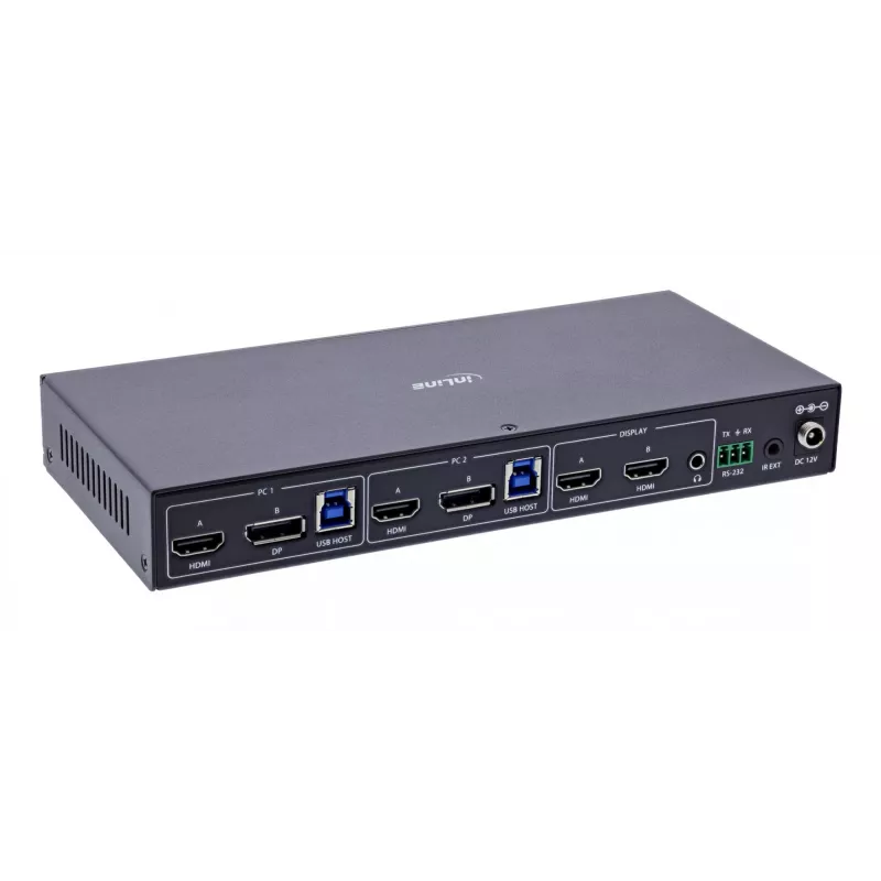 InLine 57885G KVM-kytkin, 2-tie, HDMI & DP, kaksi näyttöä, 4K60Hz, USB-hubi, musta