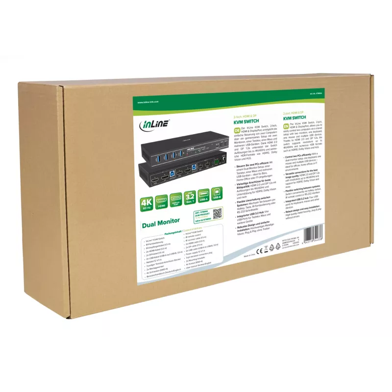 InLine 57885G KVM-kytkin, 2-tie, HDMI & DP, kaksi näyttöä, 4K60Hz, USB-hubi, musta