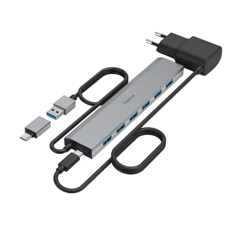 Hama 00200137 USB-keskitin, 7 porttia, USB 3.2 Gen 1, 5 Gbit/s, sis. USB-C-sovittimen ja verkkolaitteen, alumiinikotelo