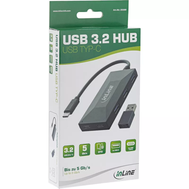 InLine USB 3.2 Gen.1 -keskitin, USB-C - 2 porttia USB-C ja 3 porttia USB-A, ilman virtalähdettä