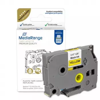 Muovinauhakasetti MediaRange TZ-631 12 mm musta keltaisella