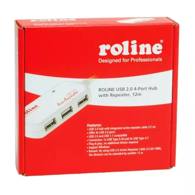 USB-keskitin ROLINE 4 porttia toistimella 12 m
