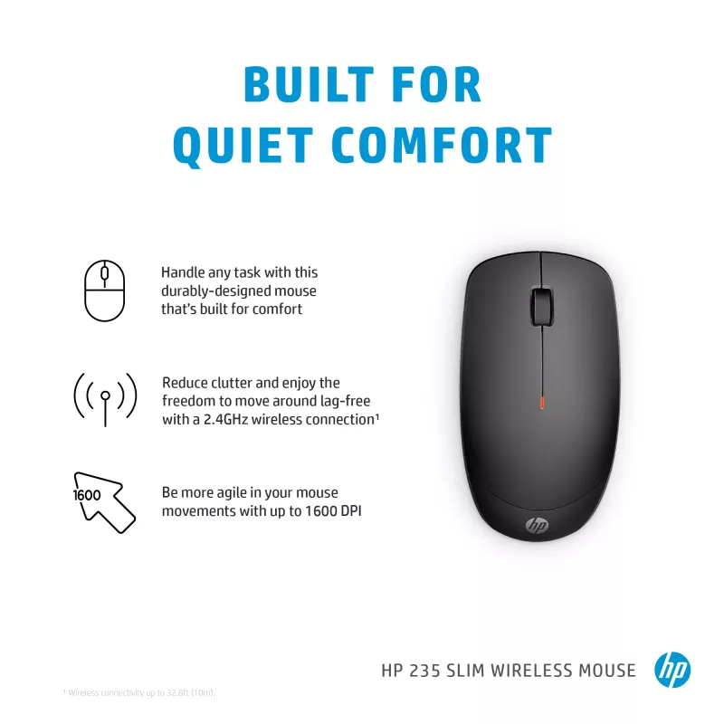 HP 235 ohut langaton hiiri, molempikätinen, optinen, RF Wireless, 1600 DPI, musta