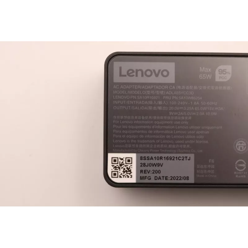 Virtalähde 65W USB Type-C Lenovo 5A10W86254 — 65W USB-C-virtalähde kannettaviin ja yhteensopiviin laitteisiin