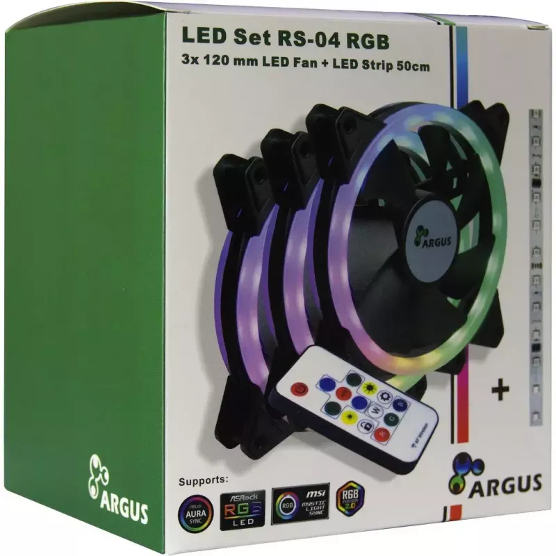 Inter-Tech Argus RS-04 RGB-tuuletinsarja, 3x 120 mm, 50 cm LED-nauha ja kaukosäädin, musta