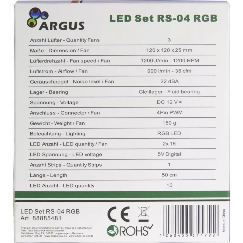 Inter-Tech Argus RS-04 RGB-tuuletinsarja, 3x 120 mm, 50 cm LED-nauha ja kaukosäädin, musta