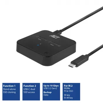 ACT M.2 NVMe/PCIe kahden SSD:n telakointi- ja kloonausasema, USB-C 3.2 Gen2