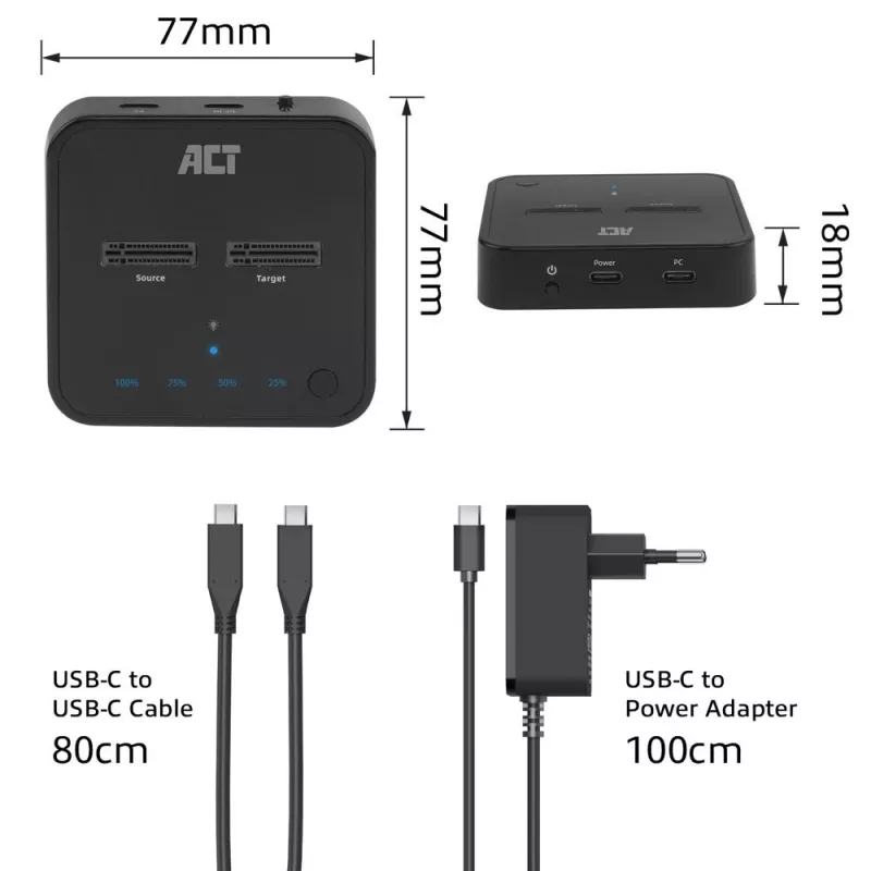 ACT M.2 NVMe/PCIe kahden SSD:n telakointi- ja kloonausasema, USB-C 3.2 Gen2
