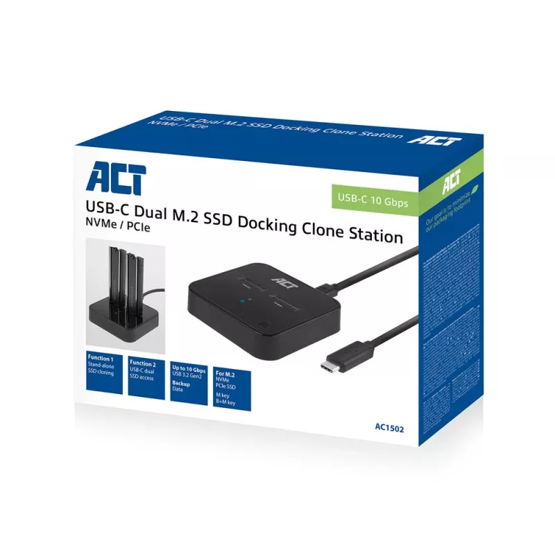 ACT M.2 NVMe/PCIe kahden SSD:n telakointi- ja kloonausasema, USB-C 3.2 Gen2