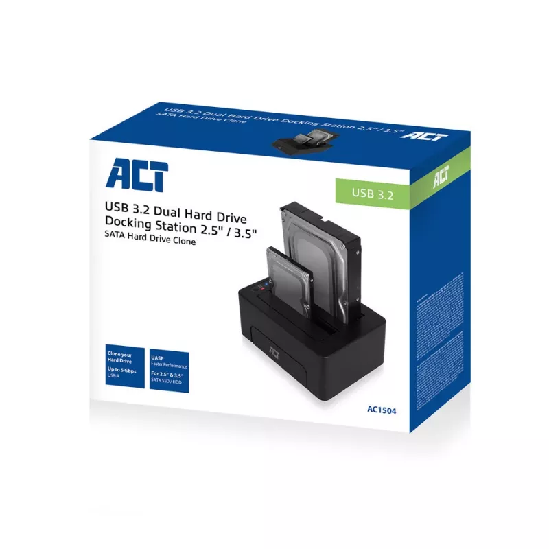 ACT AC1504 kaksois-HDD-telakointiasema, USB 3.2 Gen 1, musta