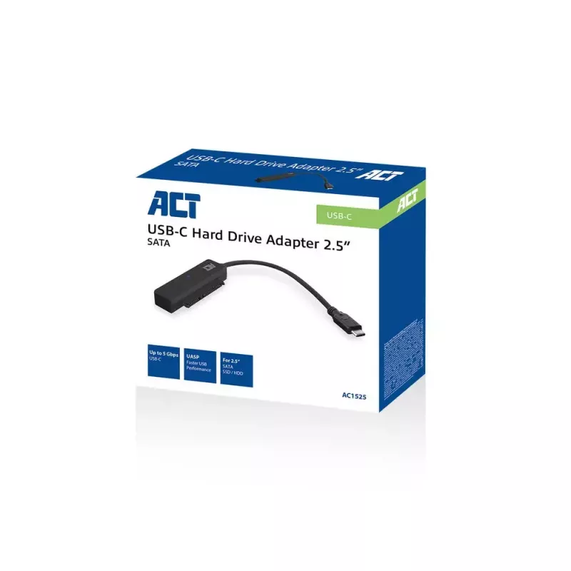 ACT USB-C-sovitinkaapeli 2,5 tuuman SATA-kiintolevylle/SSD:lle AC1525 0,15 m musta