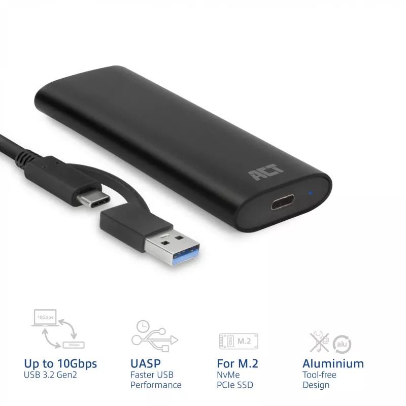 SSD-kotelo ACT AC1615 USB-C M.2 NVMe PCIe 10 Gbit/s musta