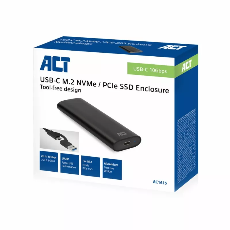 SSD-kotelo ACT AC1615 USB-C M.2 NVMe PCIe 10 Gbit/s musta