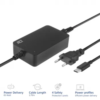 ACT USB-C kannettavan tietokoneen laturi Power Delivery -profiileilla 65 W, kannettava, sisäkäyttö, 100–240 V, 50/60 Hz, 65 W, 5–20 V