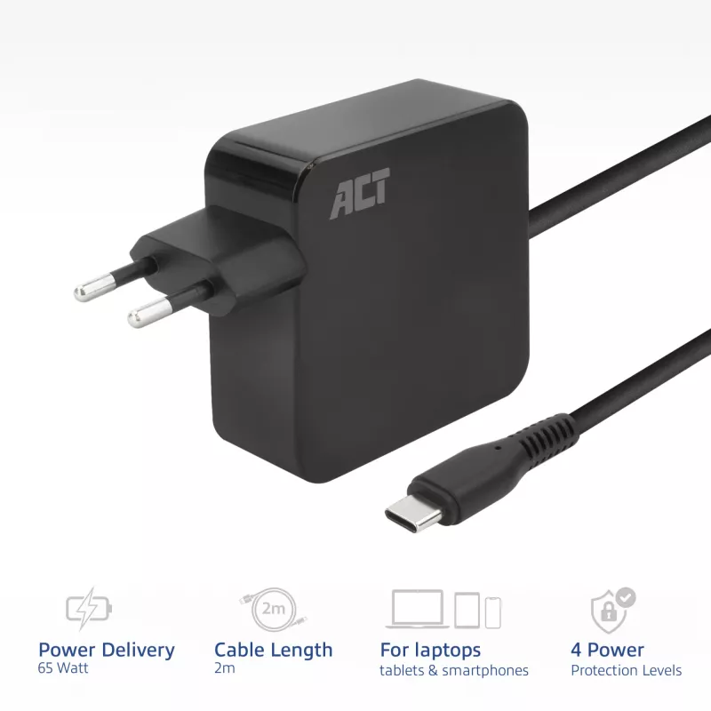 ACT USB-C kannettavan tietokoneen virtalähde 65W Power-Delivery-profiileilla, 2 metriä