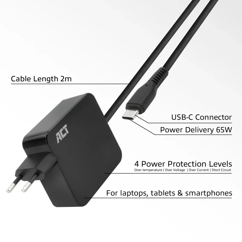 ACT USB-C kannettavan tietokoneen virtalähde 65W Power-Delivery-profiileilla, 2 metriä
