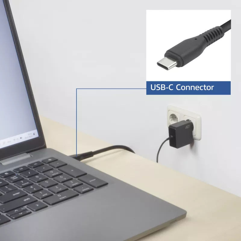 ACT USB-C kannettavan tietokoneen virtalähde 65W Power-Delivery-profiileilla, 2 metriä