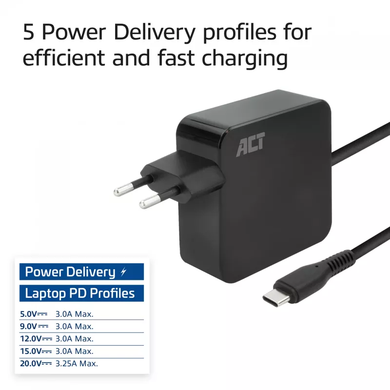 ACT USB-C kannettavan tietokoneen virtalähde 65W Power-Delivery-profiileilla, 2 metriä