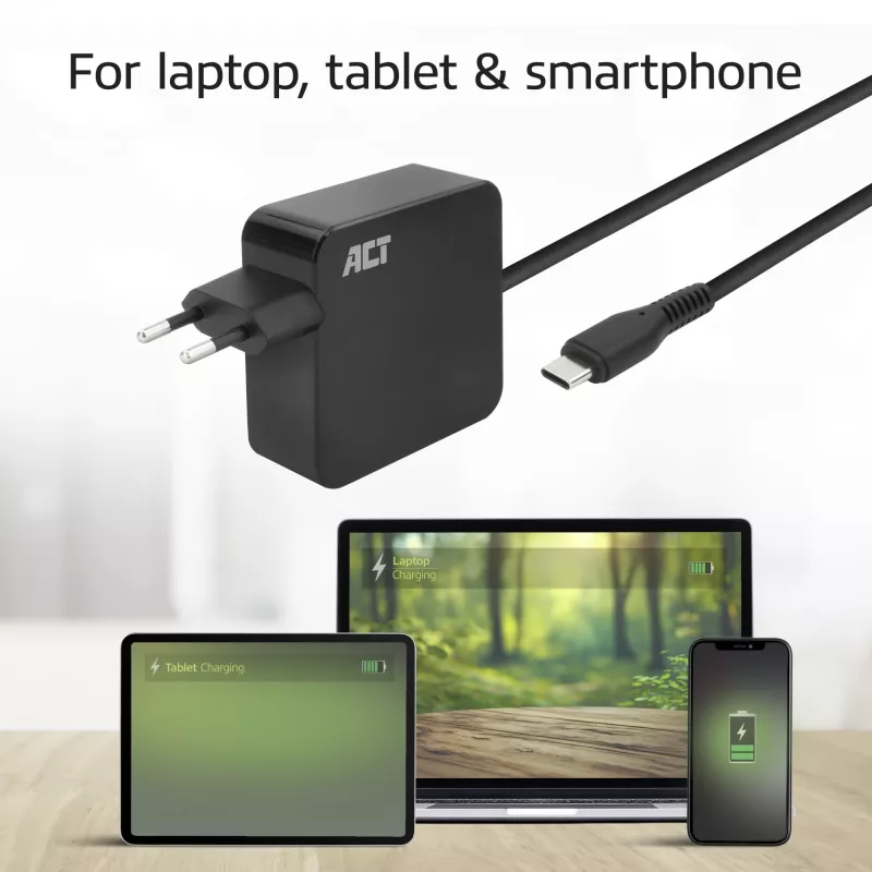 ACT USB-C kannettavan tietokoneen virtalähde 65W Power-Delivery-profiileilla, 2 metriä