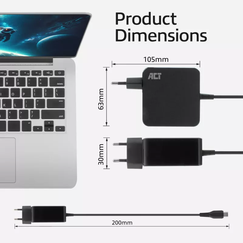 ACT USB-C kannettavan tietokoneen virtalähde 65W Power-Delivery-profiileilla, 2 metriä