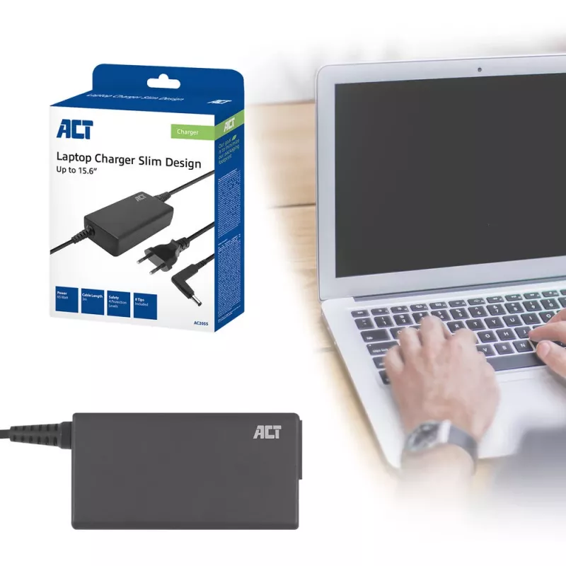ACT AC2055 ohut kannettavan laturi 65 W, enintään 15,6 tuuman kannettaville, 8 liitinkärkeä, 3 m, musta