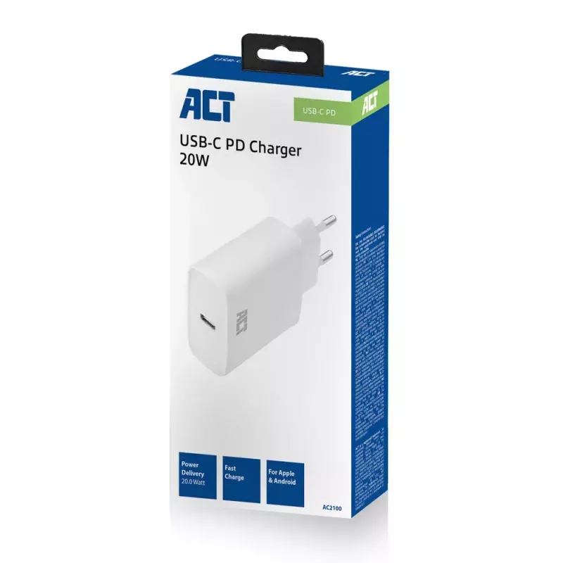 ACT kompakti USB-C-lataussovitin 20W pikalataus sisäkäyttö yleismalli valkoinen