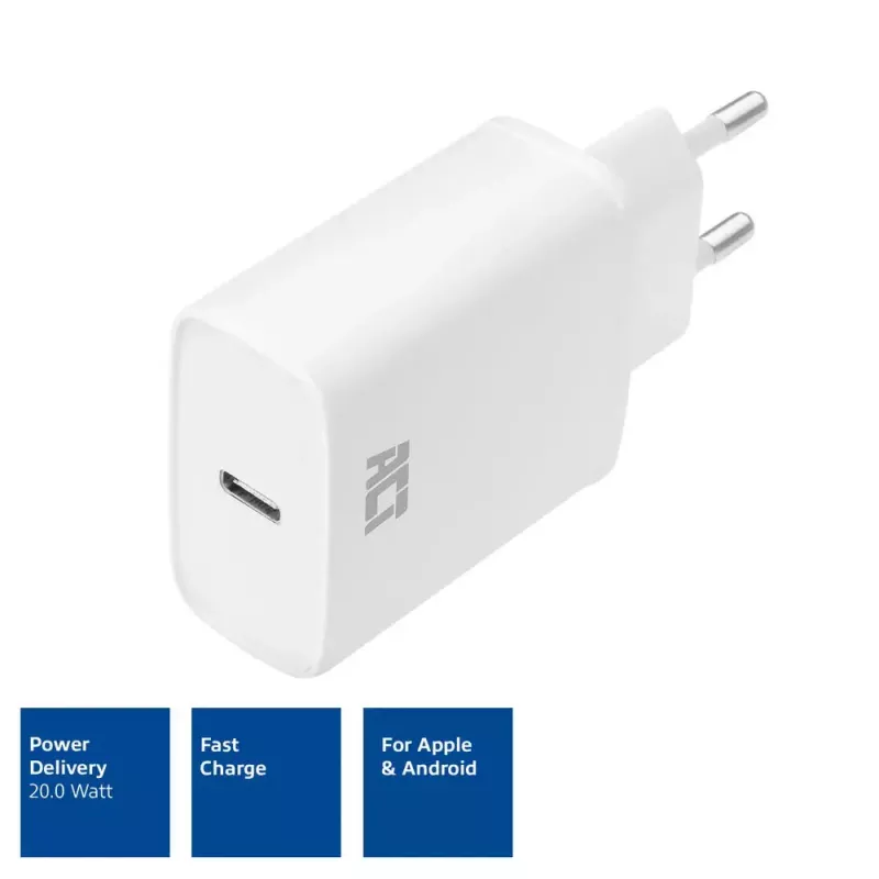 ACT kompakti USB-C-lataussovitin 20W pikalataus sisäkäyttö yleismalli valkoinen