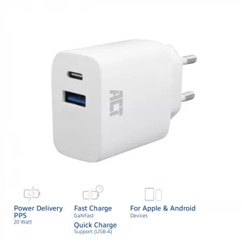 ACT USB-C & USB-A laturi 20 W Power Delivery PPS, Quick Charge, GaNFast