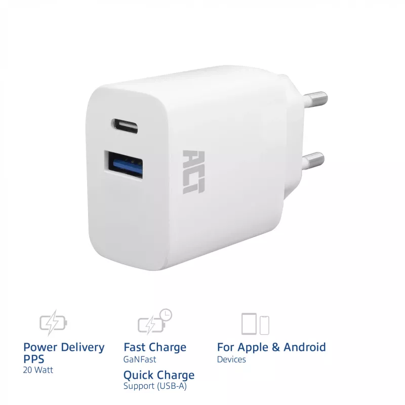ACT USB-C & USB-A laturi 20 W Power Delivery PPS, Quick Charge, GaNFast