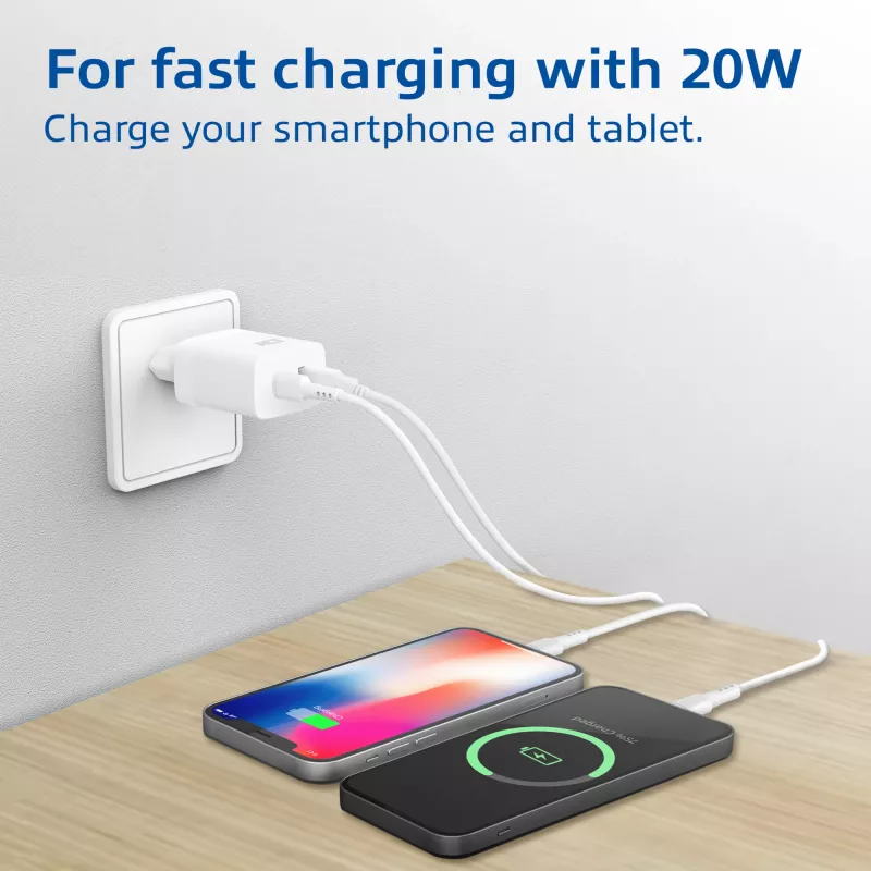 ACT USB-C & USB-A laturi 20 W Power Delivery PPS, Quick Charge, GaNFast