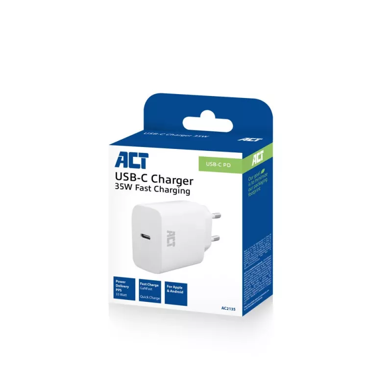 USB-C laturi ACT 35W Power Delivery PPS GaNFast yleismalli