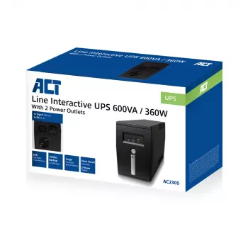 ACT Line Interactive UPS 600 VA – 360 W AVR:llä, Line-Interactive, 0,6 kVA, 360 W, 240 V, ylilataus, syväpurkaus, ylikuormitus, oikosulku, C13-liitäntä, tyyppi F