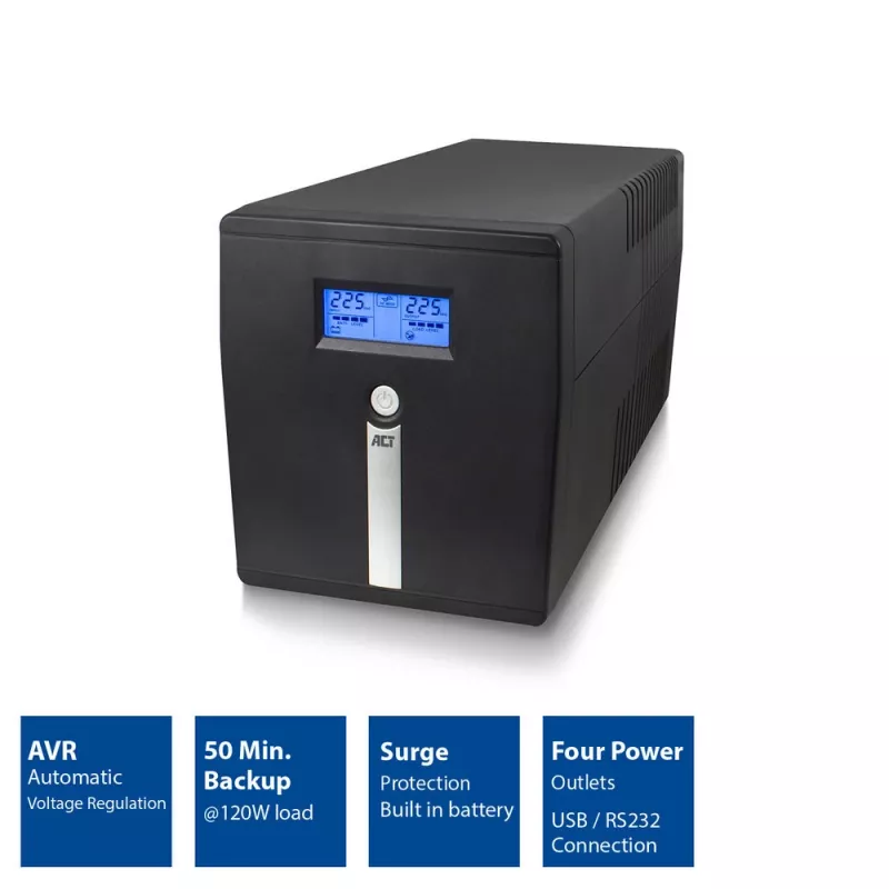 ACT Line Interactive UPS 1000VA - 600W AVR:llä, LCD-näyttö