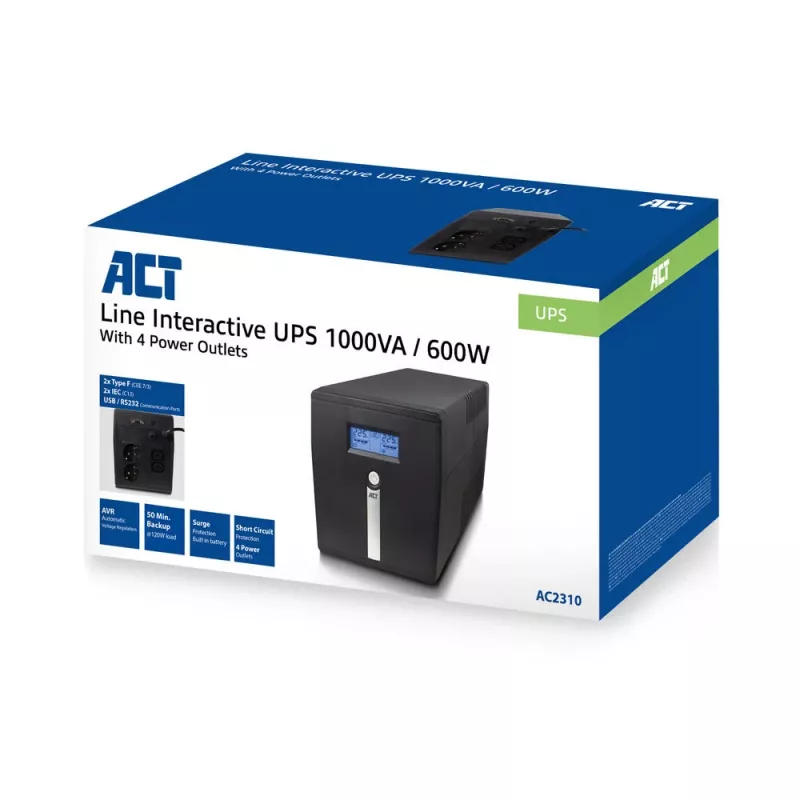 ACT Line Interactive UPS 1000VA - 600W AVR:llä, LCD-näyttö
