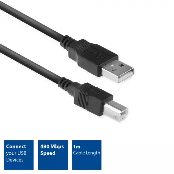ACT USB 2.0 liitäntäkaapeli A-uros – B-uros 1 metri musta