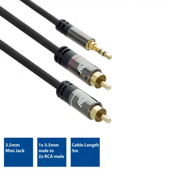 ACT 5 metriä laadukas audiokaapeli 1x 3,5 mm kuulokeplugi – 2x RCA-plugi
