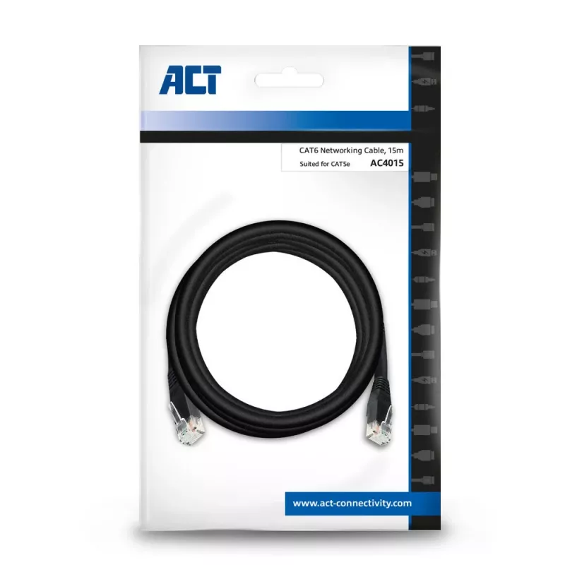 ACT musta 15,0 metrin U/UTP CAT6 -verkkokaapeli RJ45-liittimillä