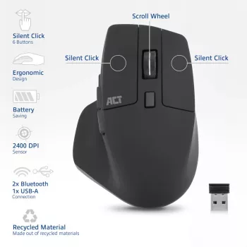 ACT langaton Multi-Connect-hiiri Bluetooth tai USB-A-vastaanotin, 2400 DPI hiljaisella klikkauksella, ympäristöystävällinen