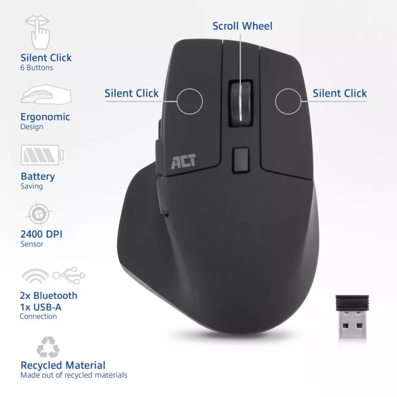 ACT langaton Multi-Connect-hiiri Bluetooth tai USB-A-vastaanotin, 2400 DPI hiljaisella klikkauksella, ympäristöystävällinen