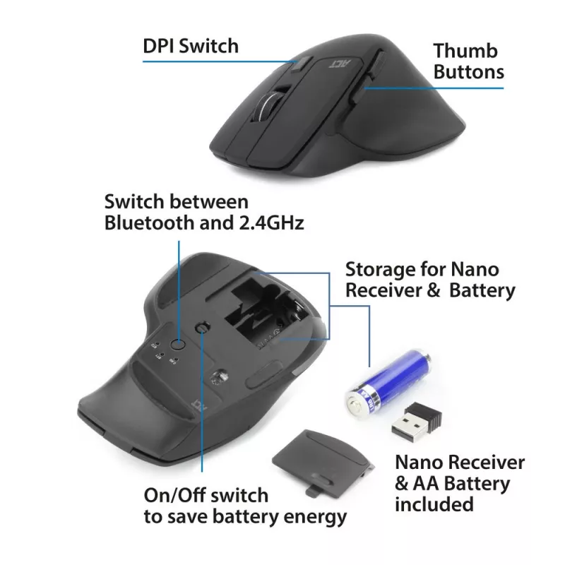 ACT langaton Multi-Connect-hiiri Bluetooth tai USB-A-vastaanotin, 2400 DPI hiljaisella klikkauksella, ympäristöystävällinen